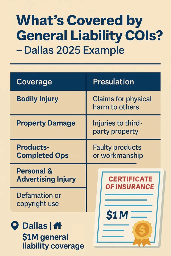 Certificate of Liability Insurance certificate of liability insurance Dallas contractor's general liability COI showing $1M policy limit – protects against on-site accidents