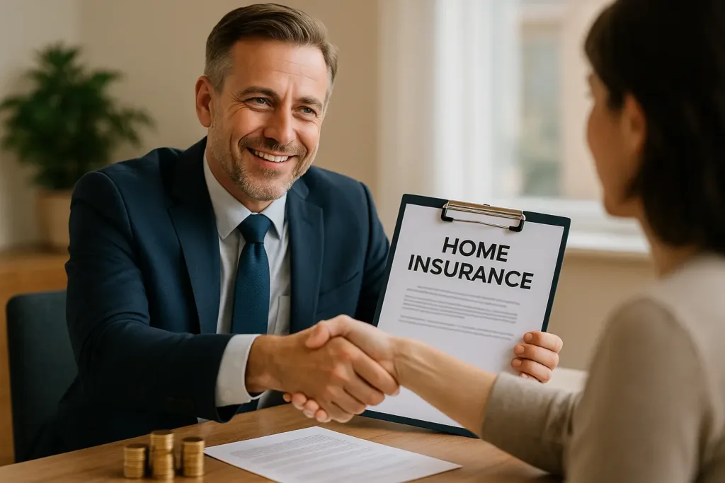 Home Insurance Home Insurance Homeowner shaking hands with insurance agent discussing home insurance costs reduction in 2025