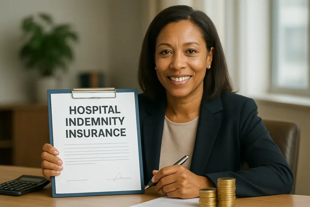 Health Insurance Health Insurance Smiling insurance agent presenting hospital indemnity insurance document and daily cash benefit