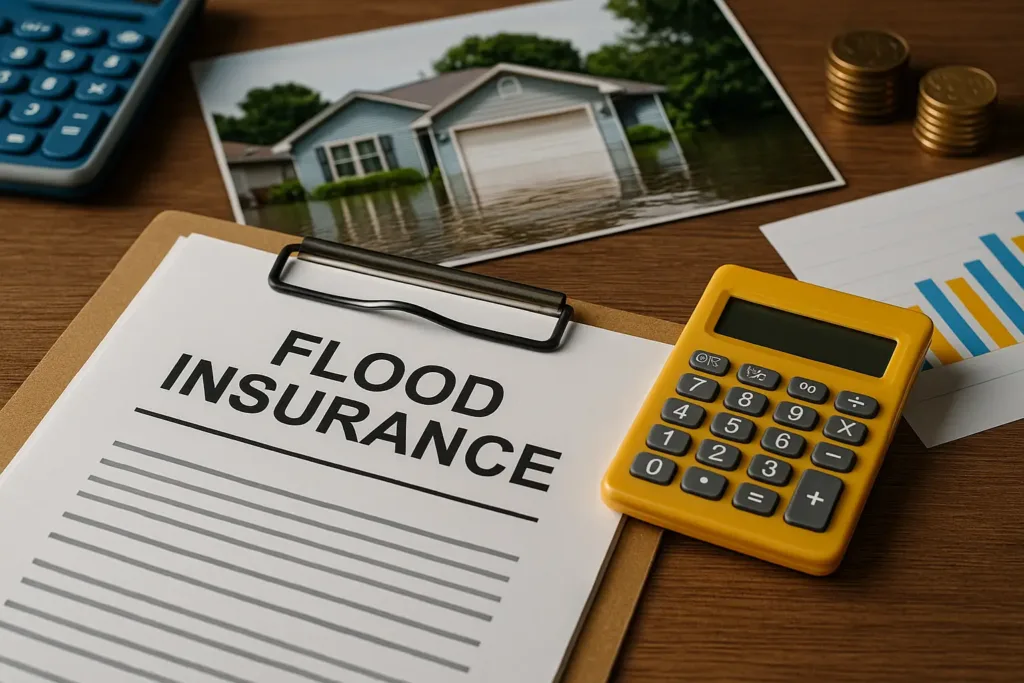 Home Insurance Home Insurance Flood insurance policy with calculator and coins symbolizing cost calculation for Florida homeowners in 2025.