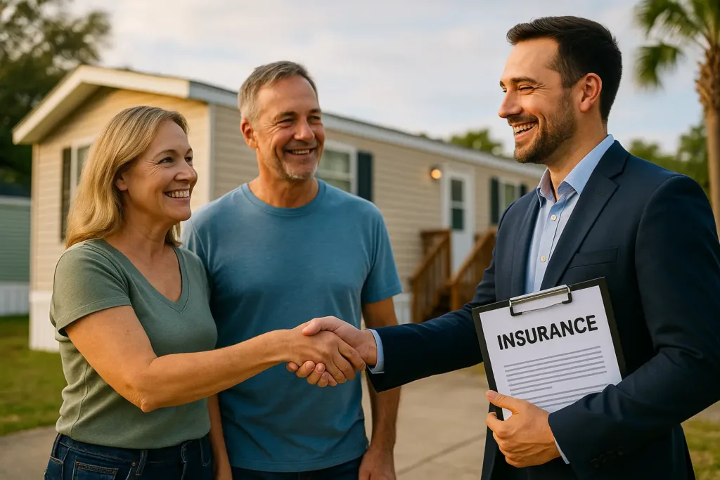 Home Insurance Home Insurance Couple reviewing mobile home insurance coverage with agent in Florida – NAIC policy consultation 2025