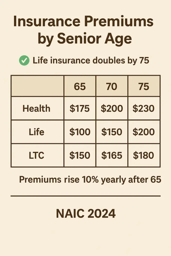 Senior Citizen Age senior citizen age Premiums rise 10% yearly after 65. Life insurance jumps from $100 to $200/month by age 75