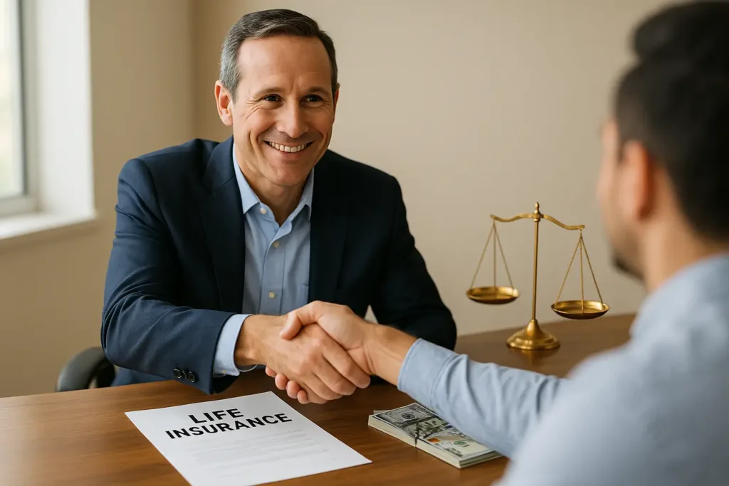 Life Insurance Life Insurance Smiling insurance agent shaking hands over a life insurance document – is life insurance taxable 2025