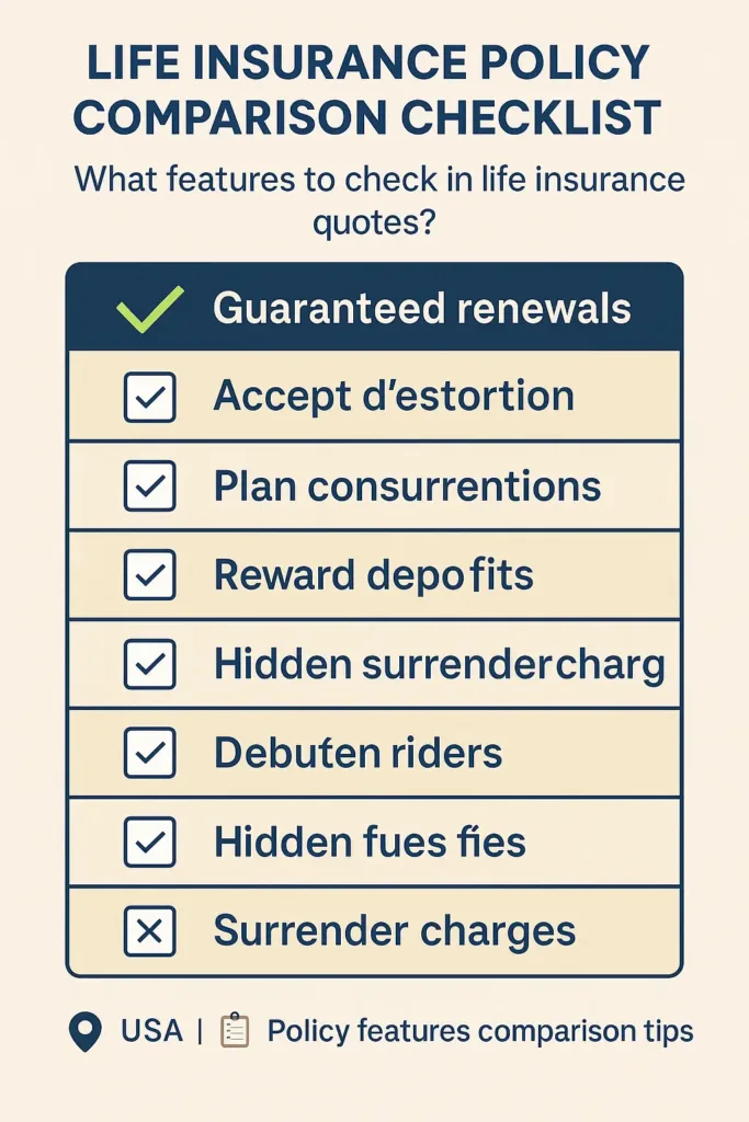 Comparing Life Insurance Policies comparing life insurance policies Life insurance policy comparison checklist – guaranteed renewals, riders, and surrender charges
