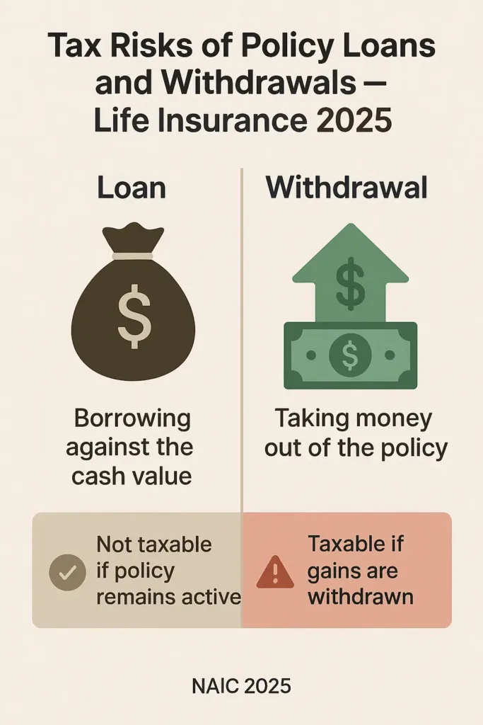 Is Life Insurance Taxable? A Clear Guide to IRS Rules is life insurance taxable Infographic comparing tax risks of loans vs. withdrawals from life insurance