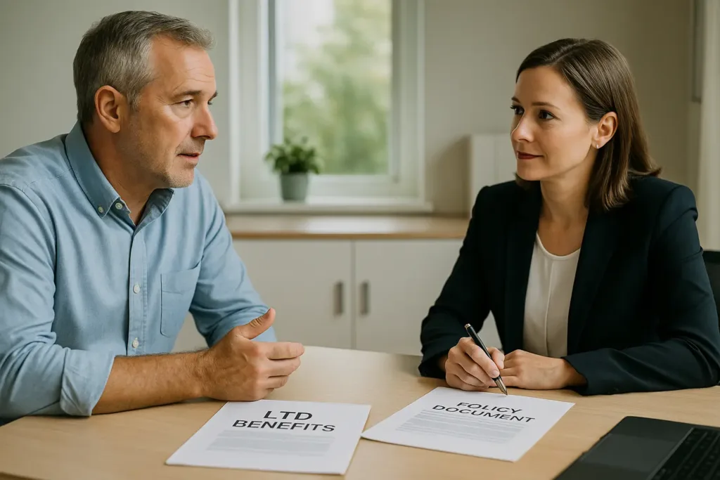 Health Insurance Health Insurance Middle-aged man discussing long term disability insurance with a female advisor in a bright office