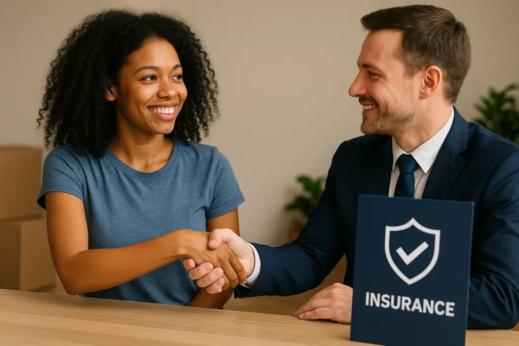 Renters Insurance Michigan renters insurance michigan Smiling woman signs renters insurance agreement with Michigan agent.