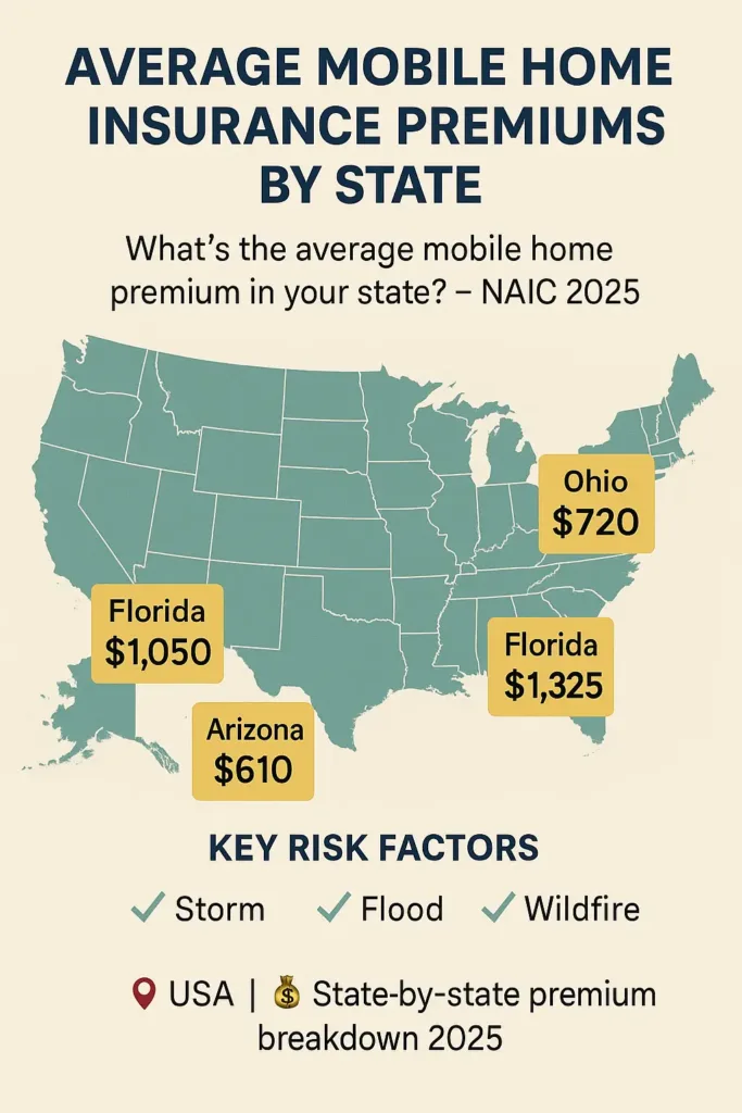 Insurance for Mobile Homes insurance for mobile homes Infographic comparing average mobile home insurance premiums by state in 2025 with key risk factors listed