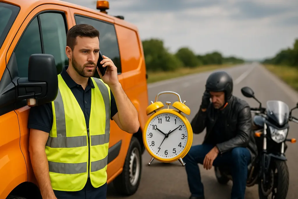 Motorcycle Breakdown Insurance car insurance quotes massachusetts Roadside assistance worker on phone beside stranded motorcyclist with a yellow clock on service truck.