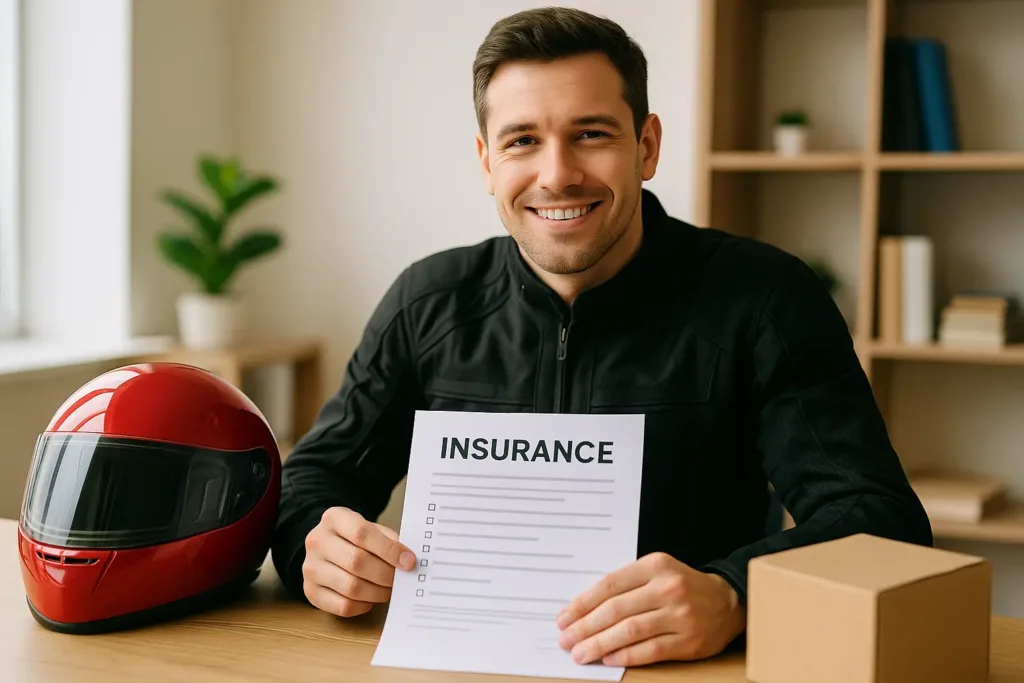Motorcycle Courier Insurance car insurance quotes massachusetts Motorcycle courier holding an insurance document at a Chicago office, with a red helmet on the desk.