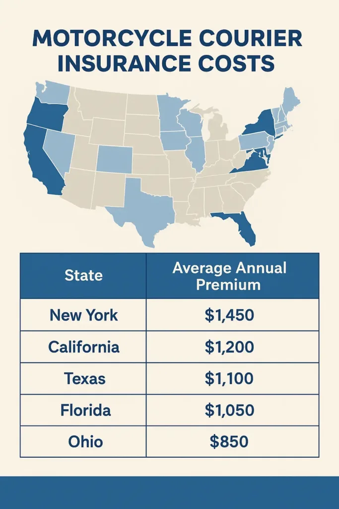 Motorcycle Courier Insurance motorcycle courier insurance Table comparing average motorcycle courier insurance premiums across US states like NY, CA, TX, FL, OH.