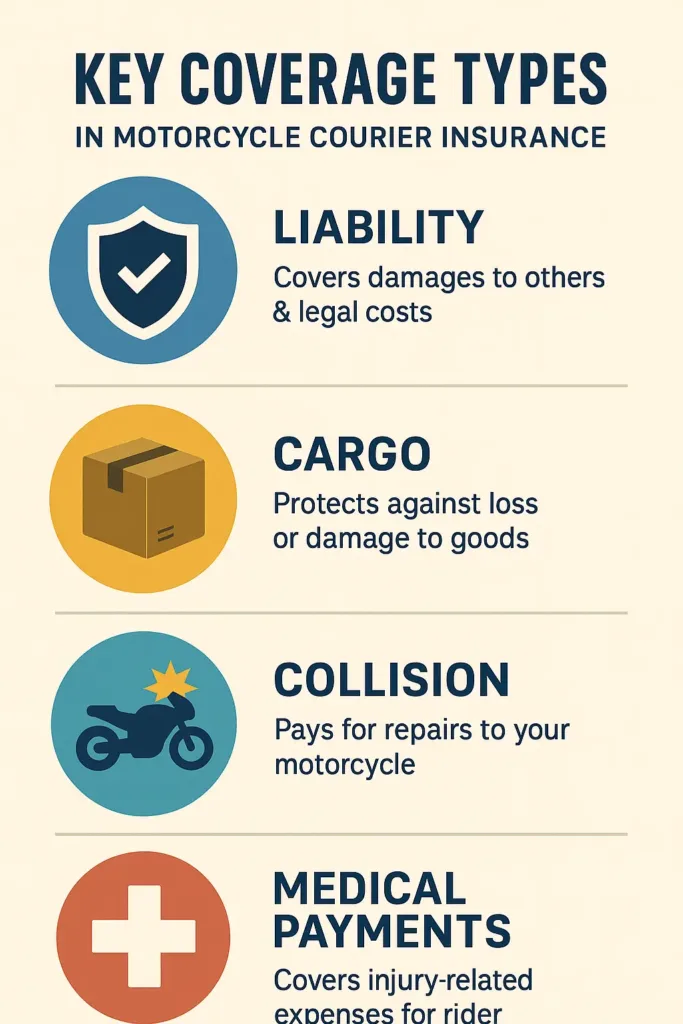 Motorcycle Courier Insurance motorcycle courier insurance Infographic showing liability, cargo, collision, and medical coverages for motorcycle couriers.
