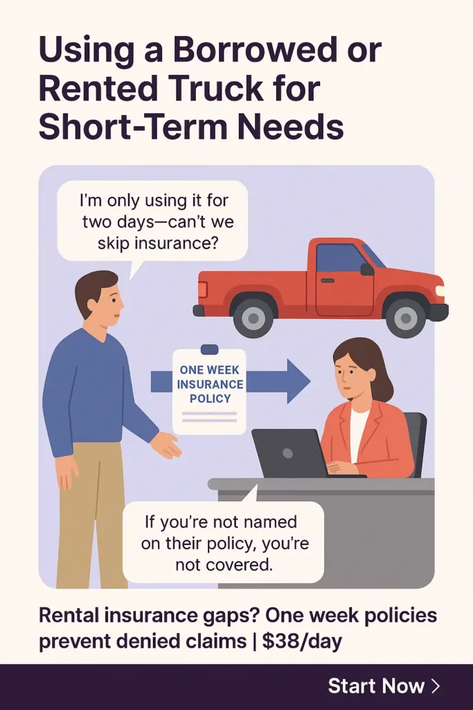 One Week Truck Insurance (2025) one week truck insurance Diagram showing a driver renting a truck and activating a separate one week insurance policy for protection.
