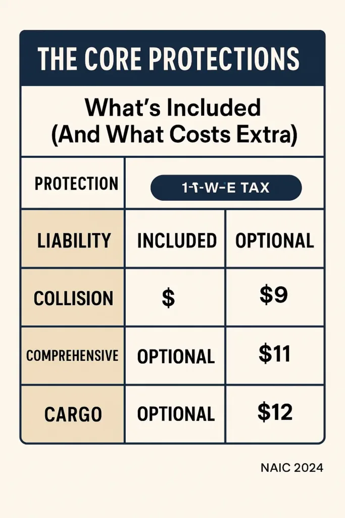 One Week Truck Insurance (2025) one week truck insurance Table infographic detailing standard and optional coverages in a 7-day truck insurance policy, with daily cost ranges.