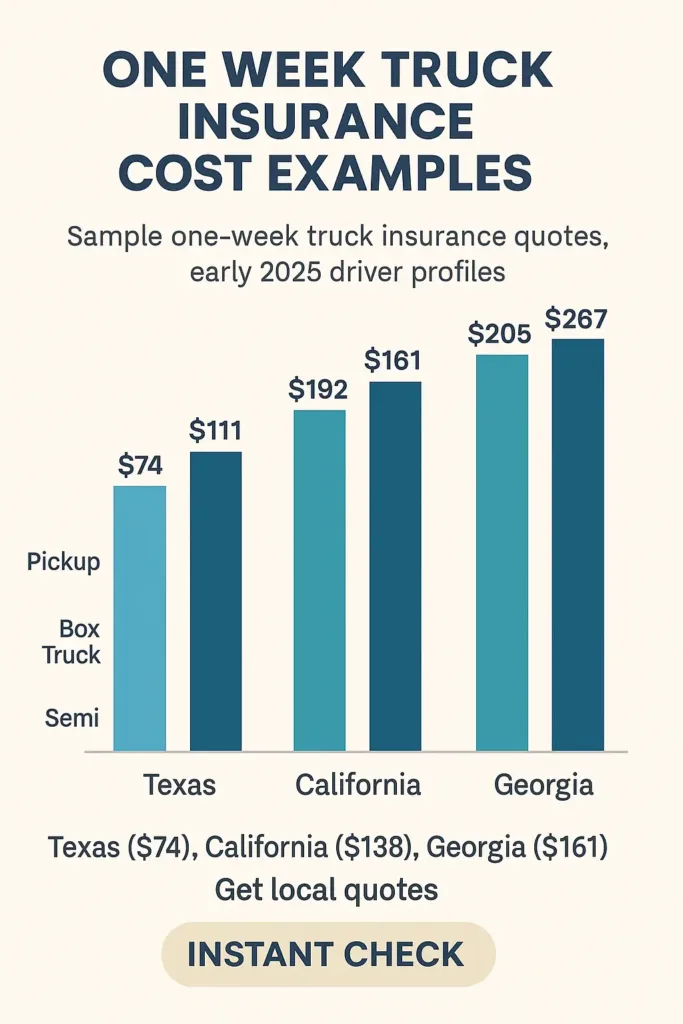 One Week Truck Insurance (2025) one week truck insurance Visual chart comparing one week truck insurance prices across Texas, California, Georgia, and Ohio for different truck types.