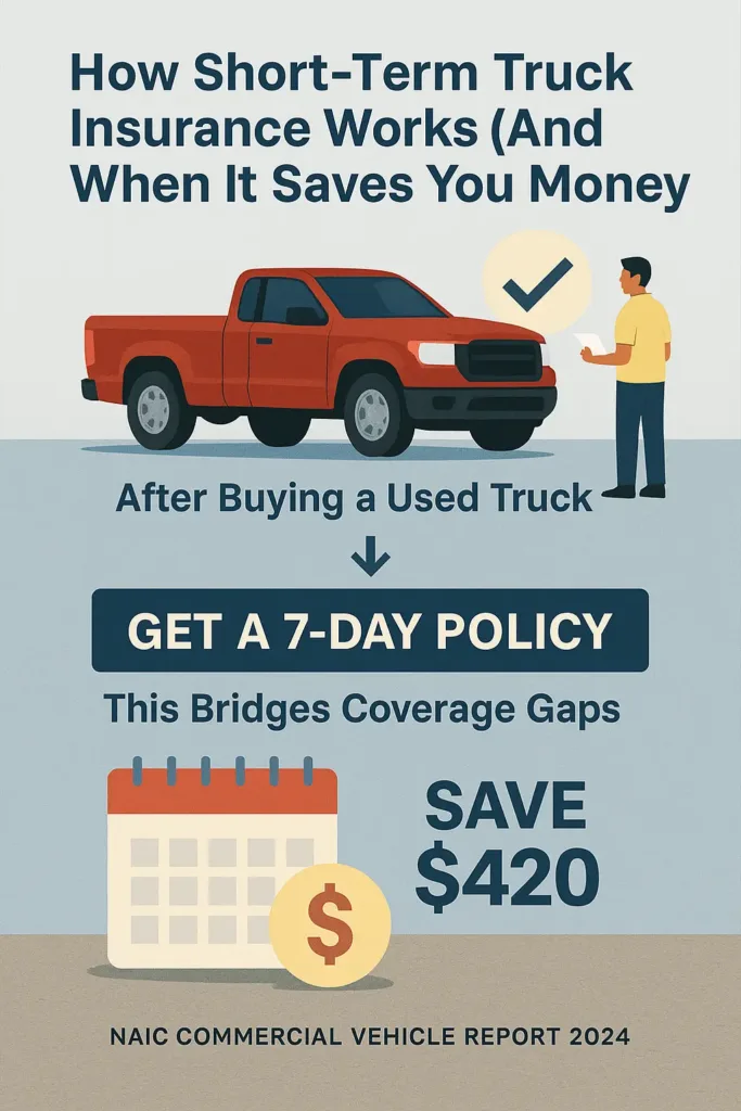 One Week Truck Insurance (2025) one week truck insurance Infographic explaining how a 7-day truck insurance policy fills coverage gaps after purchasing a used truck.
