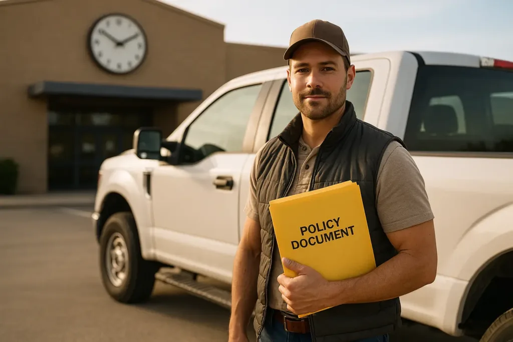 One Week Truck Insurance (2025) car insurance quotes massachusetts Contractor with policy folder beside rental truck at DMV – one week truck insurance