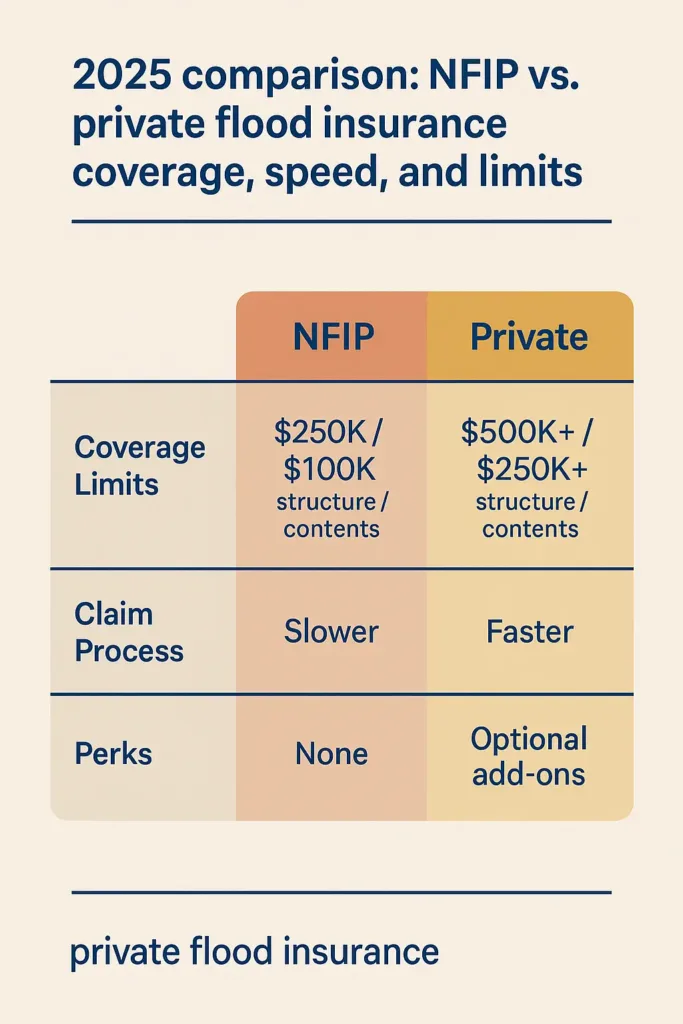 Flood Insurance for Homeowners flood insurance for homeowners Comparison of private flood insurance and NFIP: limits, claims process, and perks – 2025