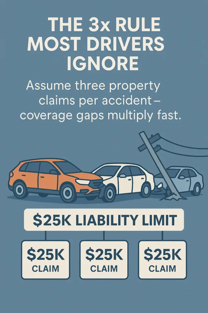Property Damage Liability property damage liability Infographic explaining the 3x Rule for property damage liability coverage in multi-car accidents.