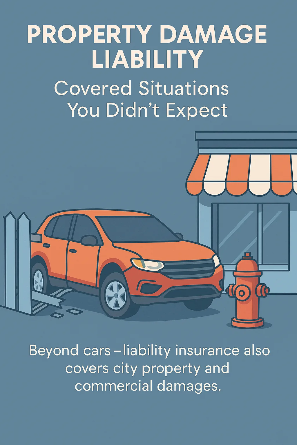 Property Damage Liability property damage liability Illustration showing property damage liability covering fences, hydrants, and storefronts.