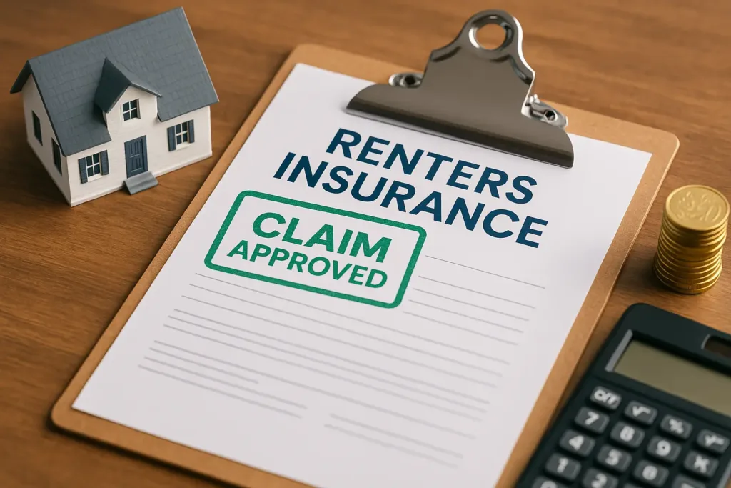 Health Insurance Health Insurance Approved renters insurance claim document with house model, coins, and calculator on desk in Houston 2025.