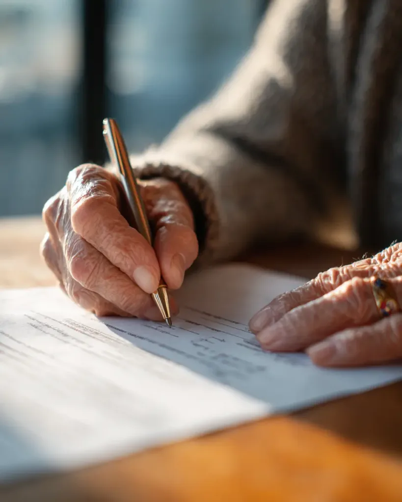 Dental Insurance for Seniors: The Ultimate 2024 Survival Guide dental insurance for seniors Senior woman signing dental insurance form at Phoenix clinic