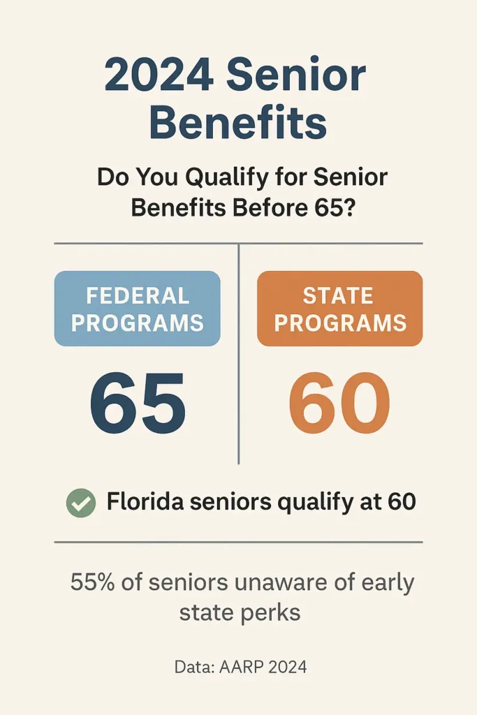 Senior Citizen Age senior citizen age 2024 senior benefits: Florida starts at 60, federal programs at 65. 55% of seniors unaware of early state perks