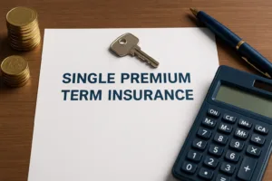 Document titled "Single Premium Term Insurance" with keys, gold coins, and calculator representing financial security and one-time payment.