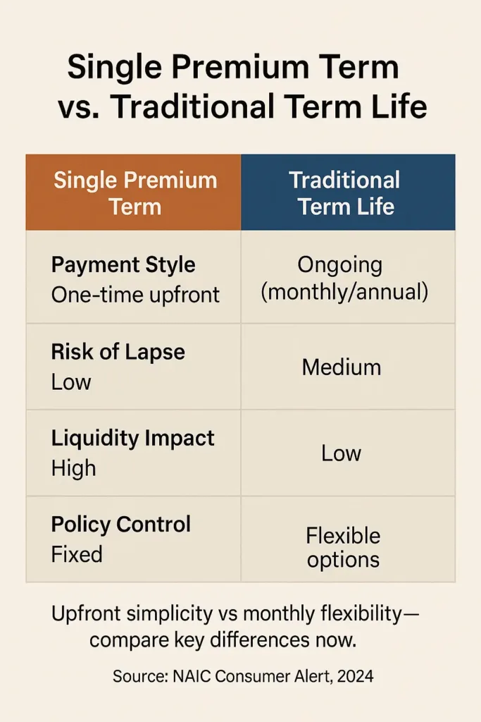 Single Premium Term Insurance single premium term insurance Table comparing single premium term insurance and traditional term life by payment style, lapse risk, liquidity, and flexibility.