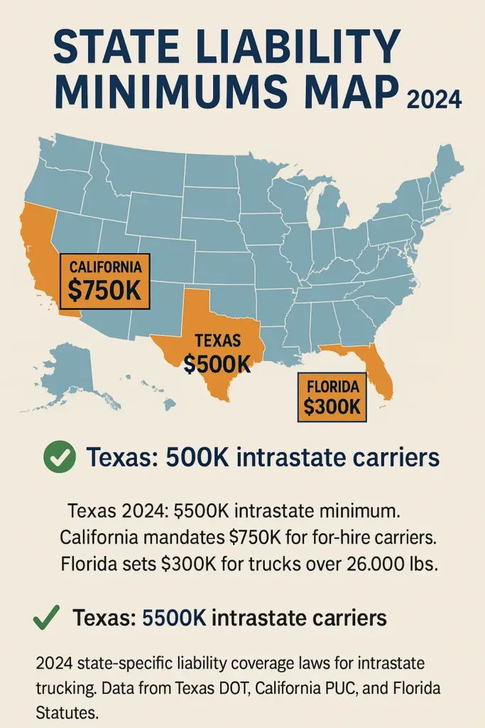Truck Liability Coverage truck liability coverage Texas 2024: $500K intrastate minimum. California mandates $750K for for-hire carriers. Florida sets $300K for trucks over 26,000 lbs.