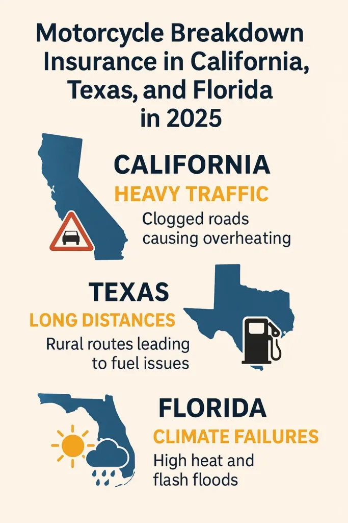 Motorcycle Breakdown Insurance motorcycle breakdown insurance Infographic comparing motorcycle breakdown risks and coverage needs in California, Texas, and Florida in 2025.