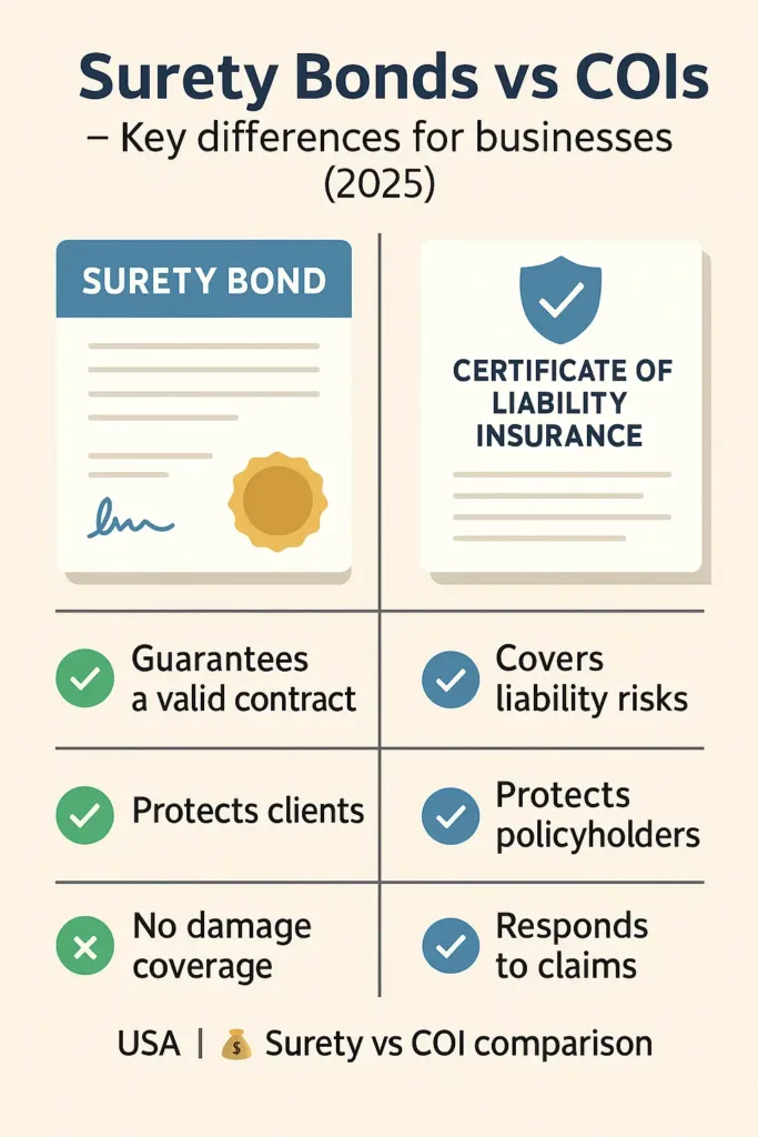 Certificate of Liability Insurance certificate of liability insurance Visual comparison between surety bonds and certificates of liability insurance for U.S. small businesses in 2025