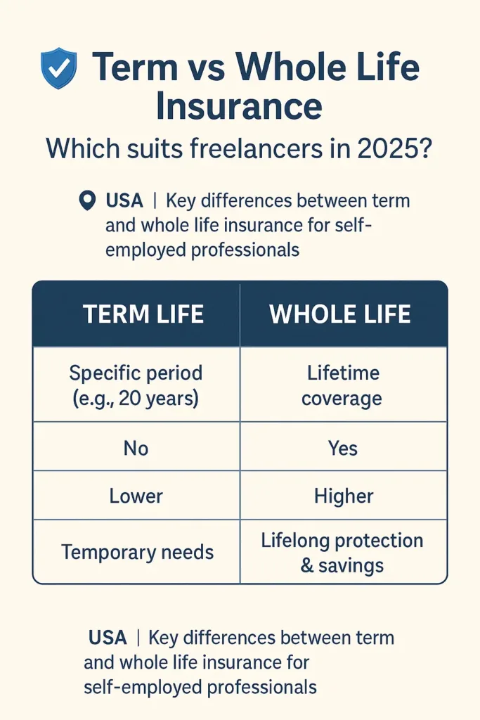 Insurance for Self-Employed insurance for self-employed Comparison table between term life and whole life insurance for freelancers in 2025