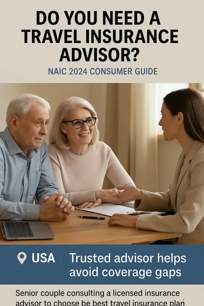 Travel Insurance for Seniors travel insurance for seniors Senior couple meeting with a licensed travel insurance advisor to review plan options (NAIC 2024)