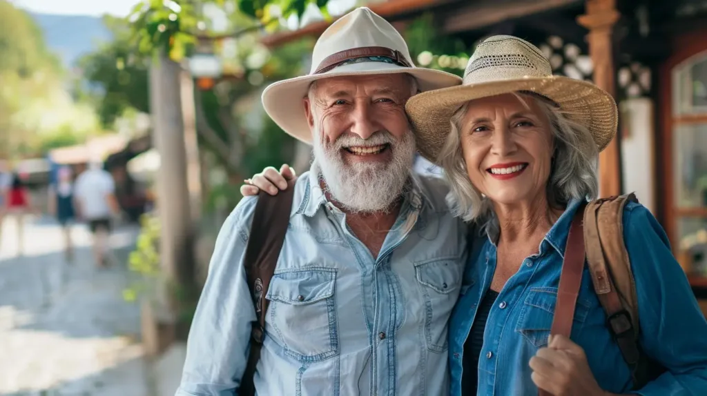 Health Insurance Health Insurance Senior couple traveling abroad with backpacks, enjoying their trip with travel insurance in 2025
