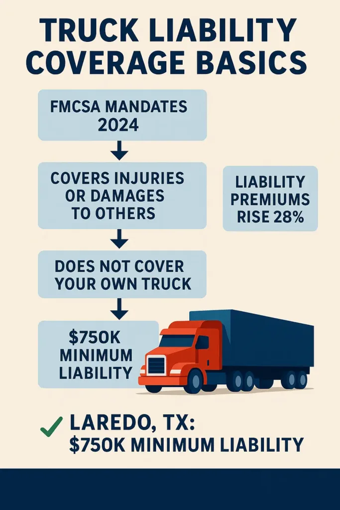 Truck Liability Coverage truck liability coverage FMCSA mandates 2024: Liability premiums rise 28% for Texas fleets over 10,001 lbs. Laredo operators face $90K+ personal exposure