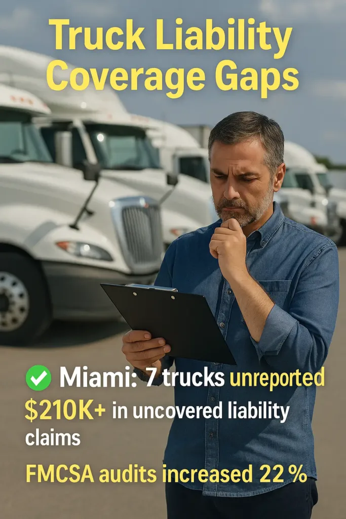 Truck Liability Coverage truck liability coverage Miami operator failed to report 7 new trucks in 2024, exposing $210K+ in uncovered liability claims. FMCSA audits increased 22%