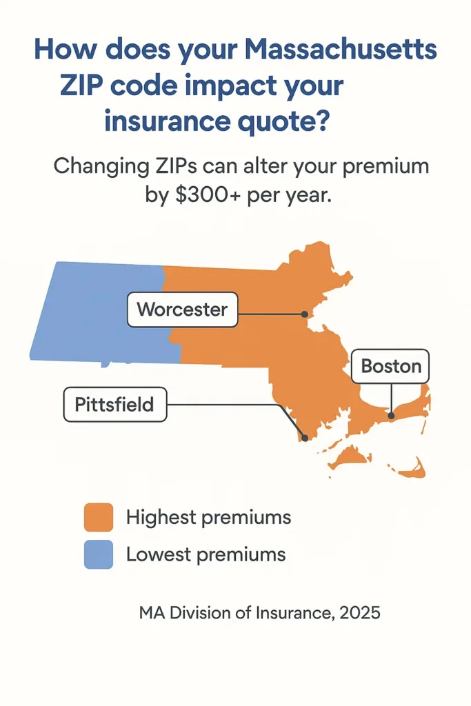 Car Insurance Quotes Massachusetts car insurance quotes massachusetts Infographic showing how ZIP codes affect car insurance premiums in Massachusetts for 2025.