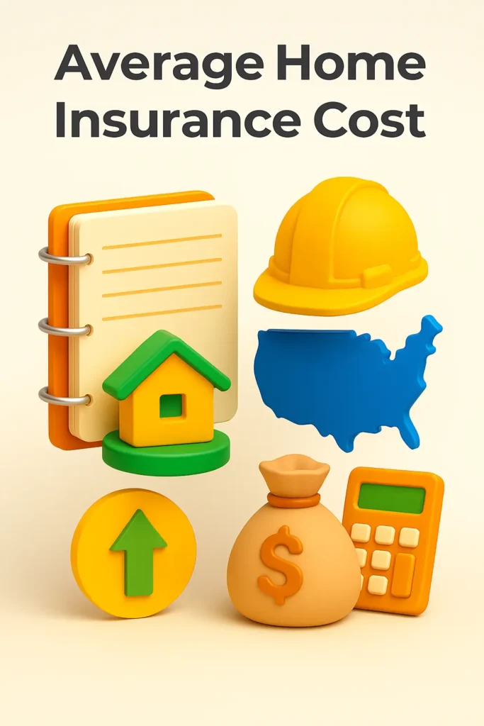 Home Insurance in the USA how much is flood insurance in Florida Infographic showing average home insurance cost with icons of a house, US map, money bag, calculator, and construction helmet.