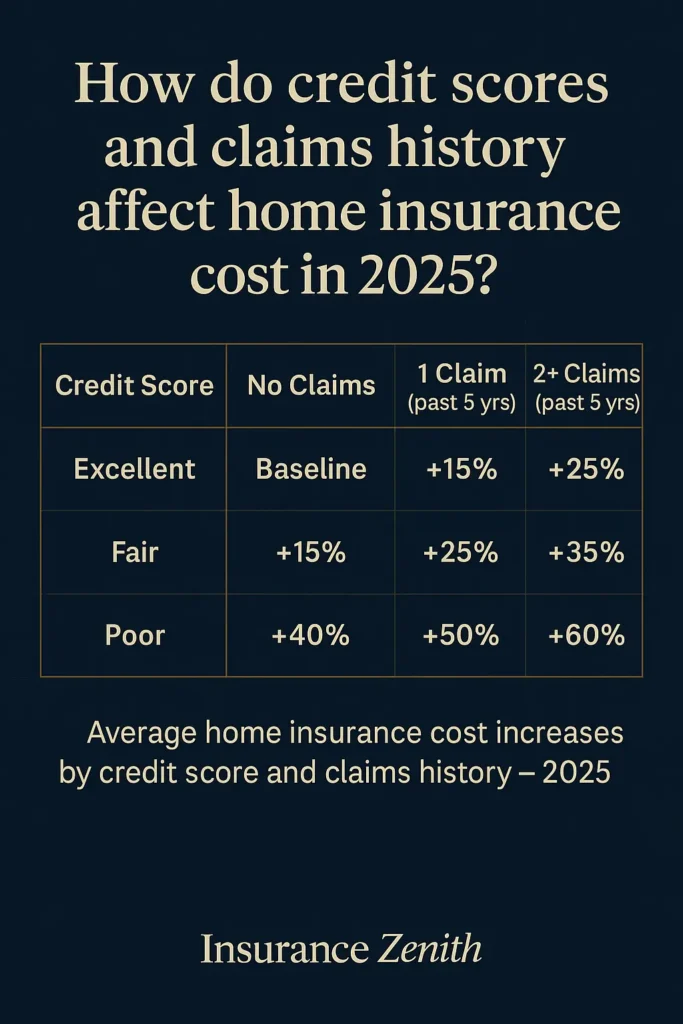 Average Home Insurance Cost Average Home Insurance Cost Table showing 2025 average home insurance cost increases by credit score and claims history