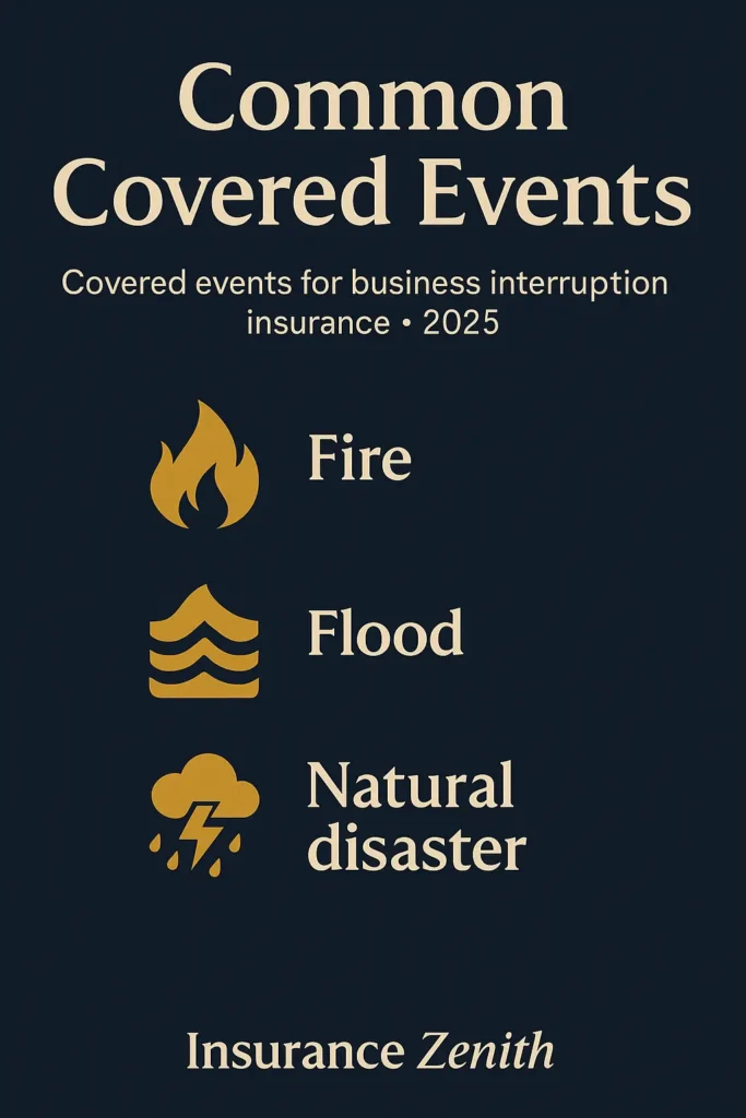 Business Interruption Insurance Business Interruption Insurance Infographic listing fire, flood, natural disaster as common business interruption insurance triggers 2025