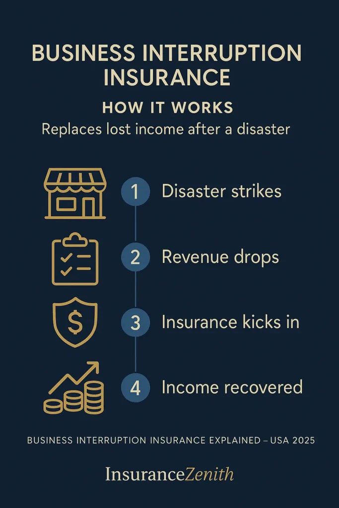 Business Interruption Insurance Business Interruption Insurance Diagram showing business interruption insurance covering lost income after disaster – USA 2025