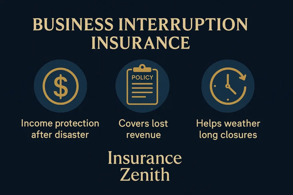 Business Interruption Insurance Business Interruption Insurance Desk with insurance folder, calculator and clock symbolizing business interruption insurance USA 2025