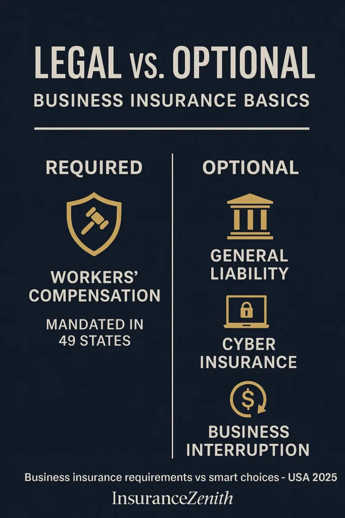 Business Insurance Basics Business Insurance Basics Infographic showing legal vs optional business insurance basics in the USA 2025