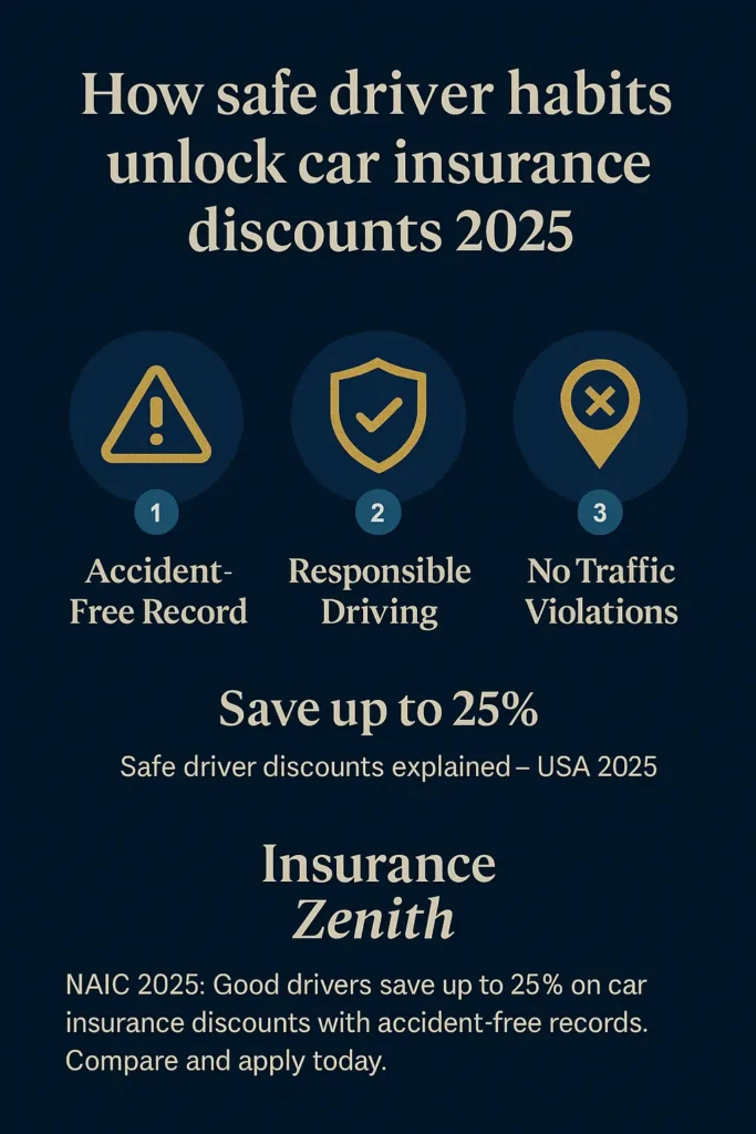 Car Insurance Discounts Car Insurance Discounts Infographic showing safe driver car insurance discounts USA 2025