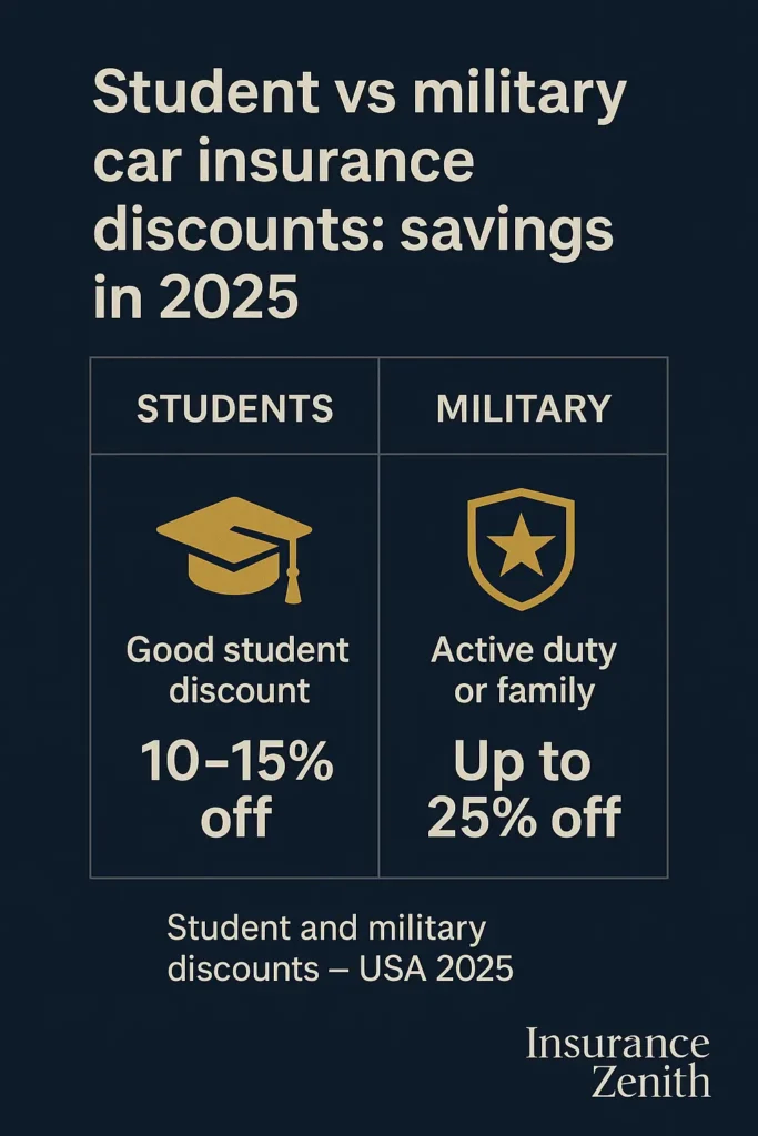 Car Insurance Discounts Car Insurance Discounts Table comparing student and military car insurance discounts USA 2025