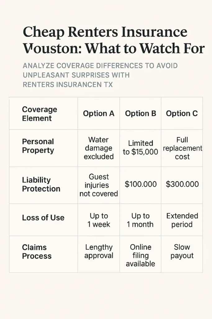 Renters Insurance Houston – Smart Tips to Save in 2025 renters insurance houston Comparison table of cheap renters insurance Houston offers, highlighting hidden traps to avoid.