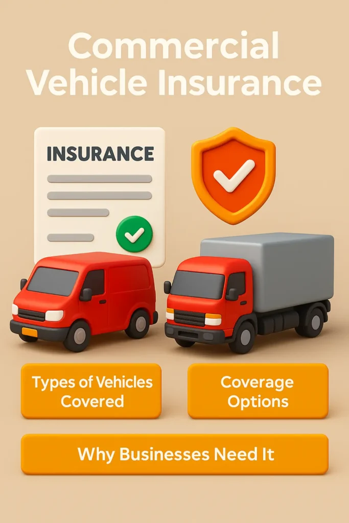 Car Insurance in the USA car insurance quotes massachusetts Infographic showing commercial vehicle insurance with 3D icons of trucks, vans, coins, and insurance documents.