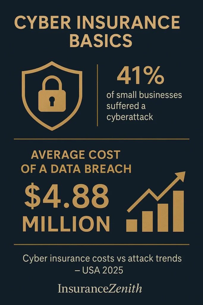 Business Insurance Basics Business Insurance Basics Infographic of rising cyber threats and cost of breaches with cyber insurance basics 2025
