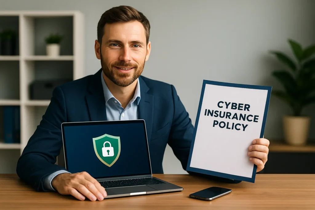 7 Essential Cyber Insurance Tips for Small Business Protection Cyber Insurance Small business owner reviewing cyber insurance policy with laptop security shield – 2025
